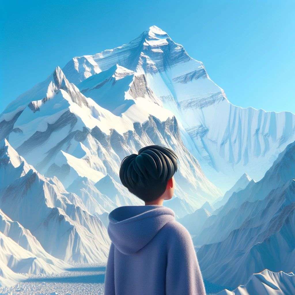 someone gazing at Mount Everest, digital art, 3D style
